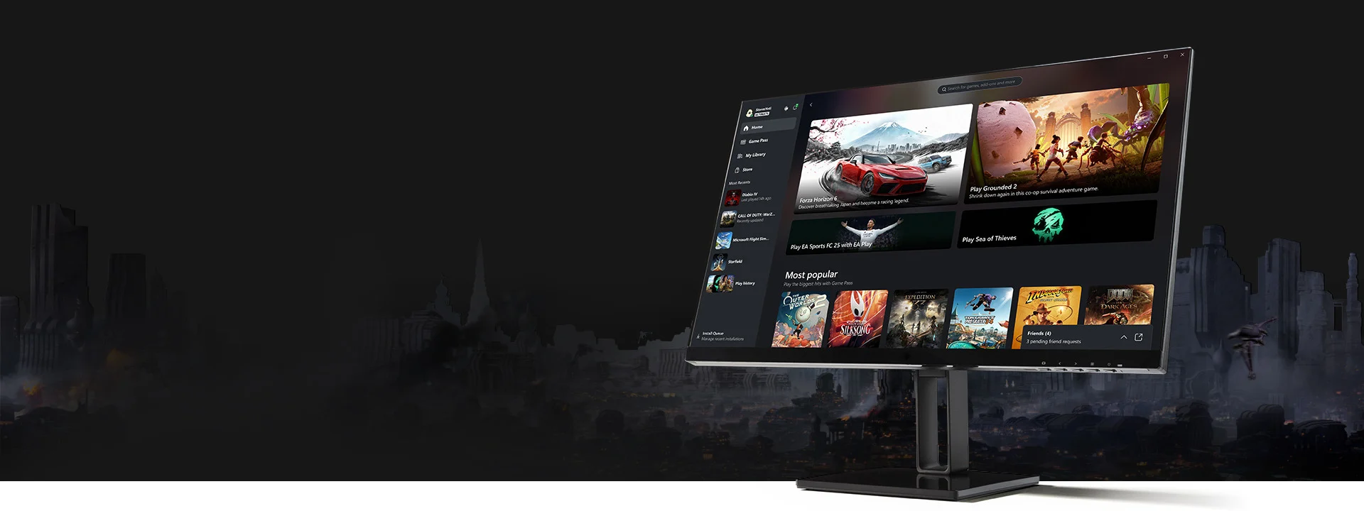 مانیتور کامپیوتر با نمای برنامه Xbox در تصویر رسمی PC Game Pass
